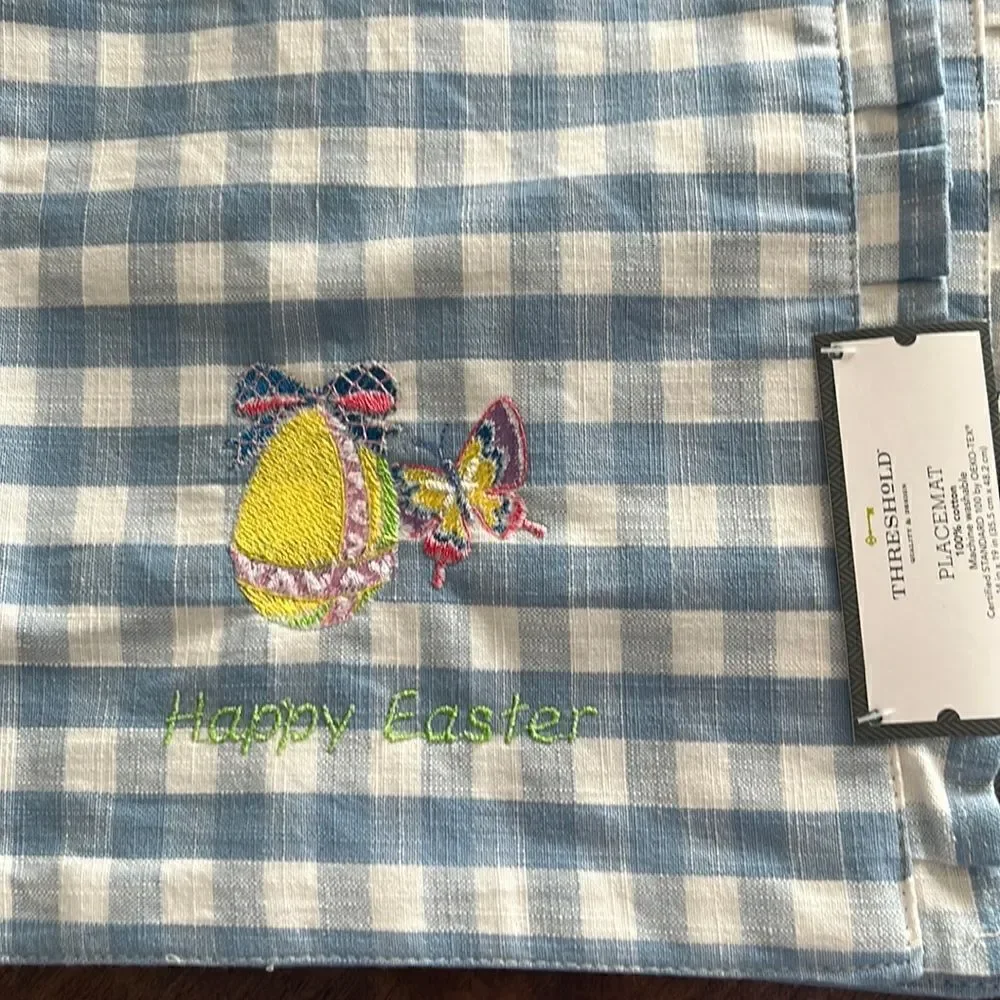 Set (4) Custom Easter 14” by 19” Cotton Easter Blue Gingham Placemats